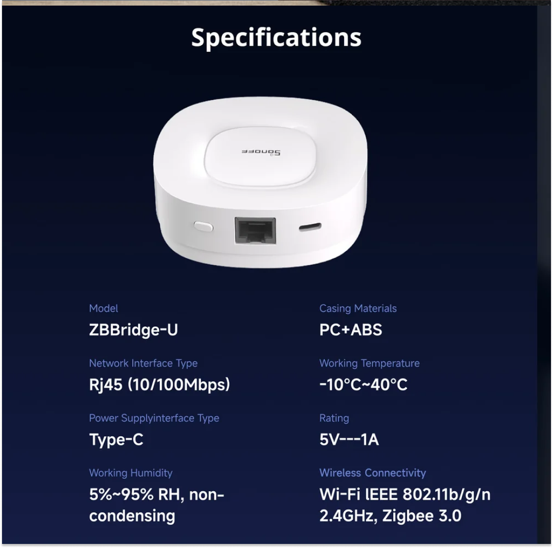 Specifications chart for the ZBBridge-U wireless bridge, showing a white round device on a dark navy background with text detailing model, materials, network interface, temperature, power, humidity, and wireless connectivity.
